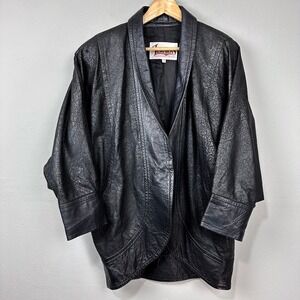 Vintage 80s Leather Jacket Size S Black Leopard Embossed Batwing Oversized Glam